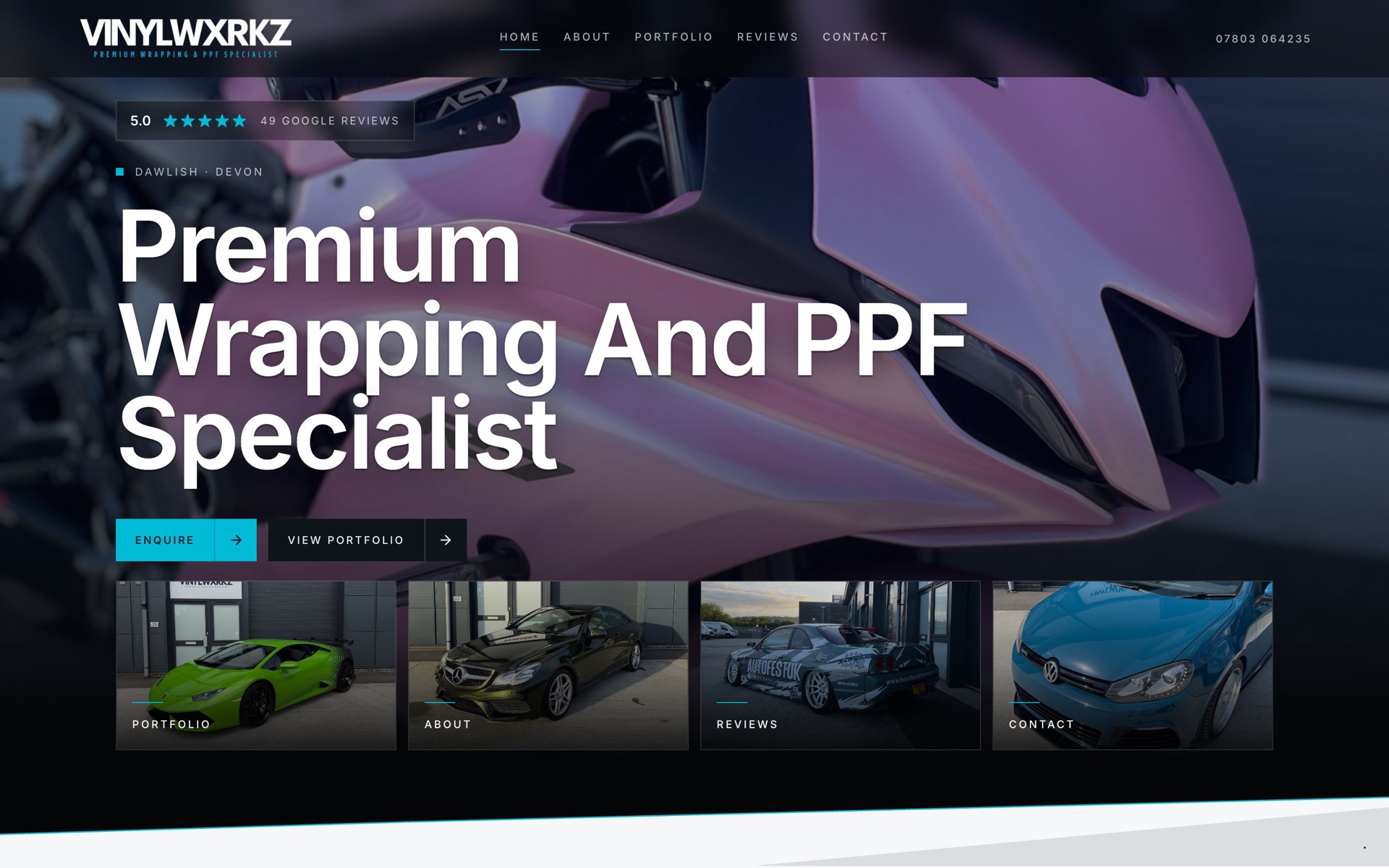 Vinylwxrkz website on desktop — Premium Wrapping And PPF Specialist homepage